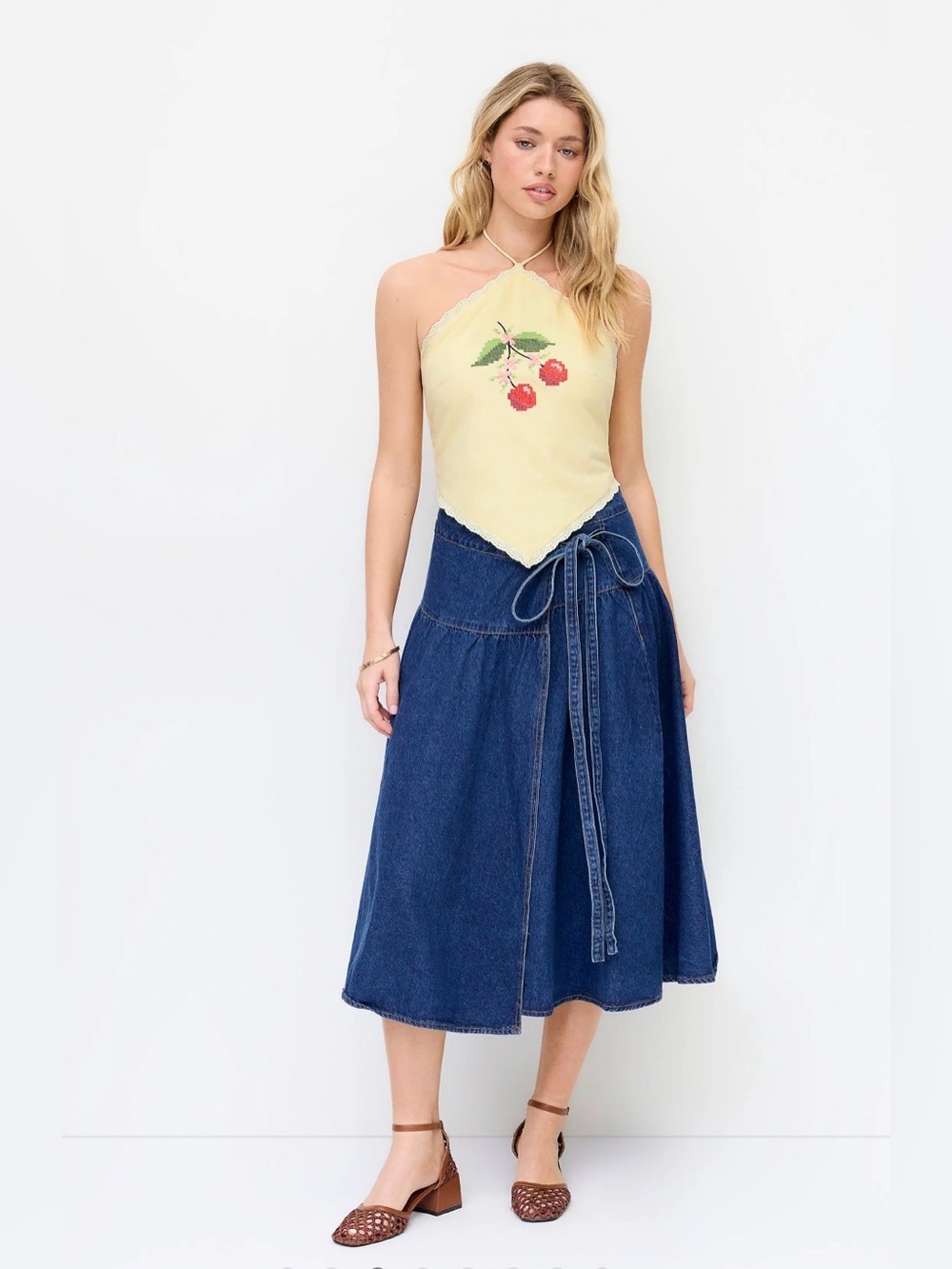 NWT Cider Denim Mid Rise Wrap Tie Side MIDI Skirt